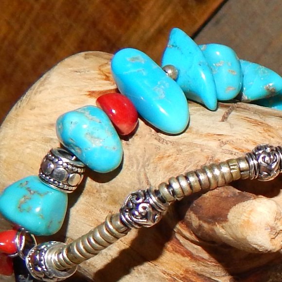 BoHo Turquoise Coral Mixed Metals Pendant Necklace - Picture 7 of 8